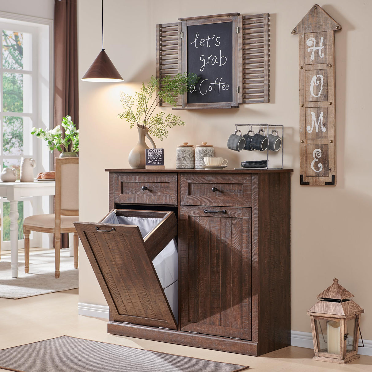 IFBUY Double Tilt Out Laundry Hamper Cabinet, 20 Gallon Farmhouse Trash Can Cabinet with Drawer, Hidden Wood Garbage Can Bin Cabinet with Laundry Storage Basket for Bathroom, Kitchen, Brown IFBUY