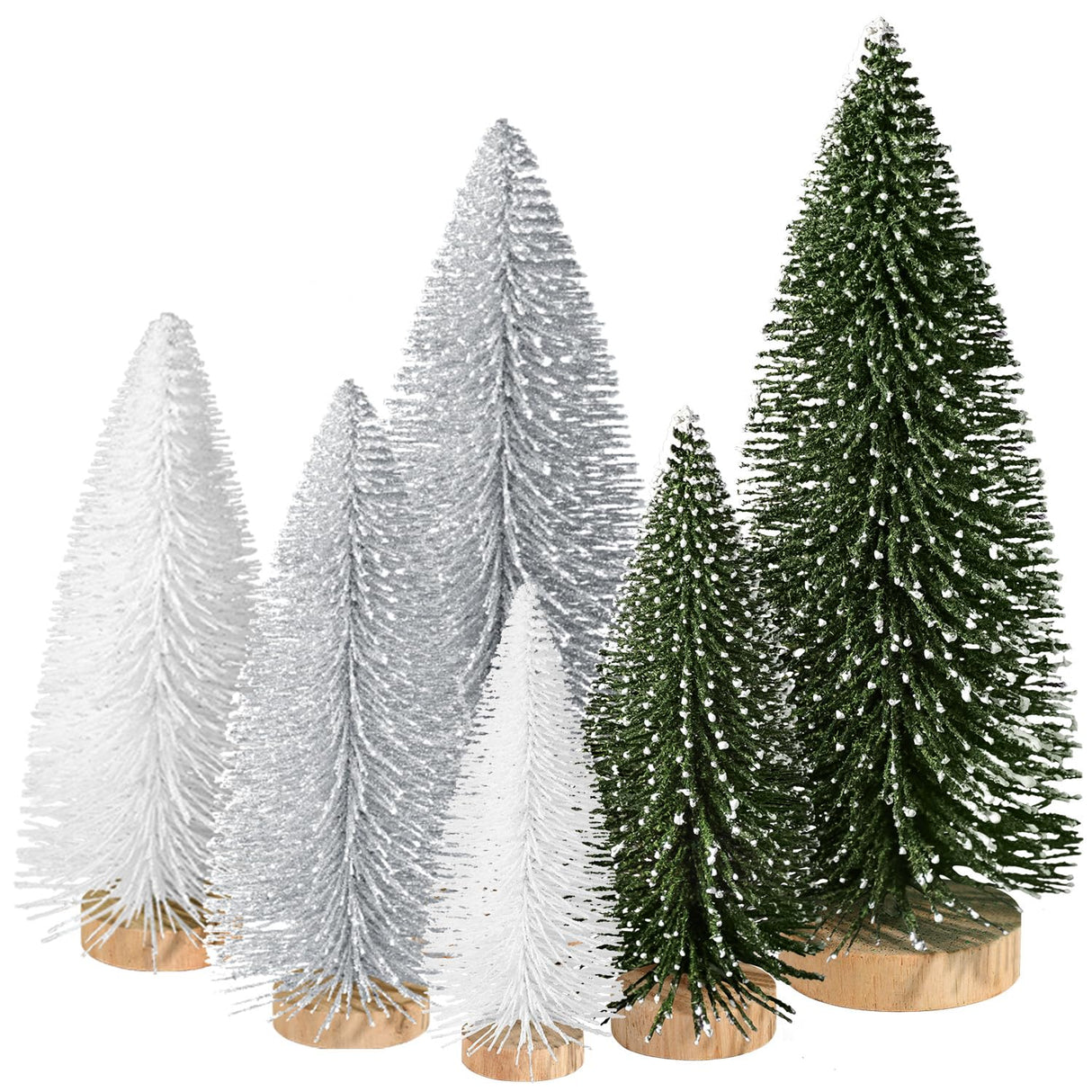 6pcs Mini Christmas Trees Christmas Decor, Artificial Christmas Mini Bottle Brush Trees Tabletop, Christmas Decoration Trees with 4 Size Xmas Holiday Decor (6pcs Green+Silver+White) KPX