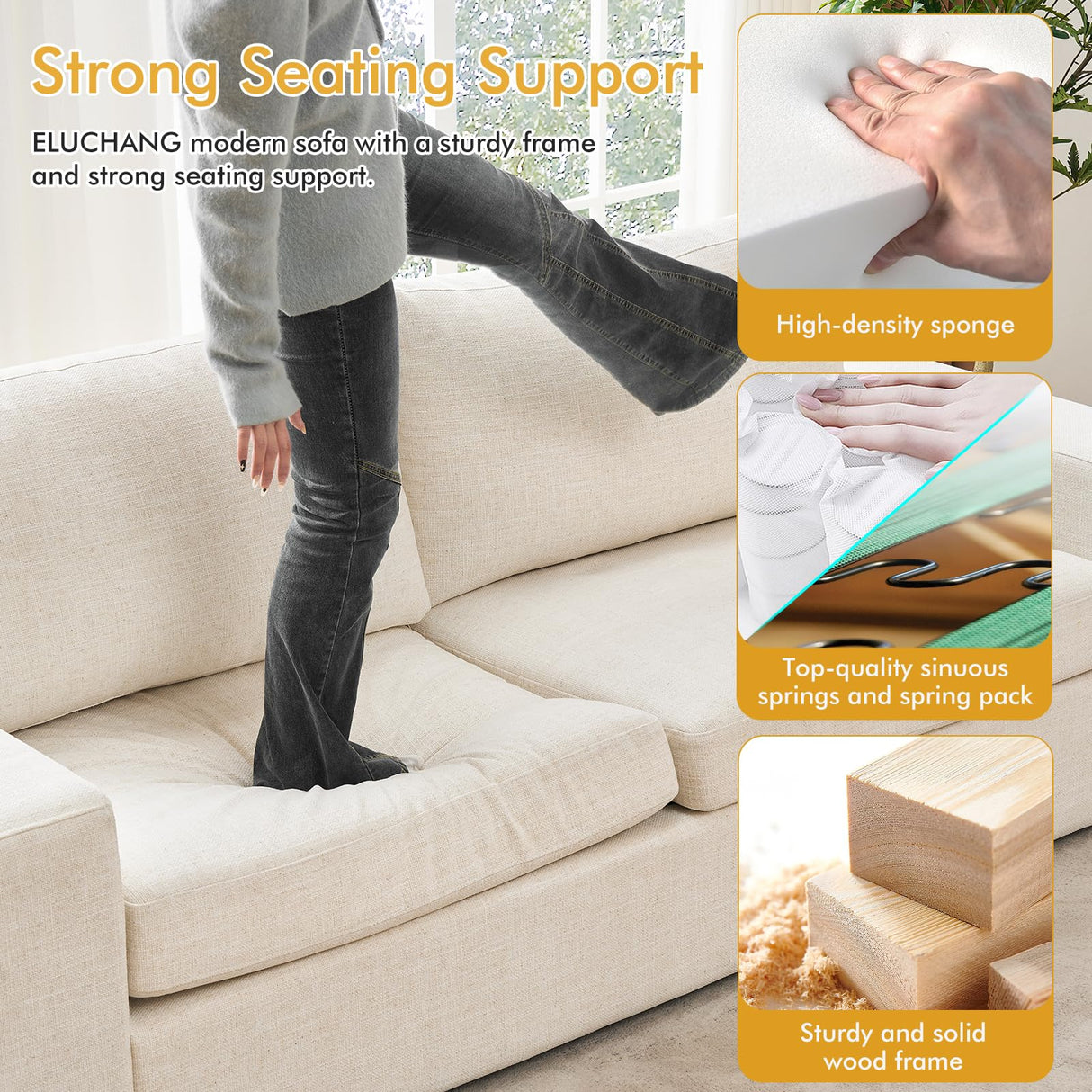 ELUCHANG 85" Modern Sofa Couches for Living Room, 3 Seater Sofa, Natural Linen Deep Seat Sofa with Upholstered Cushion&Detachable Cover, Comfy Sofa Couch for Small Space, Apartment, Cream ELUCHANG