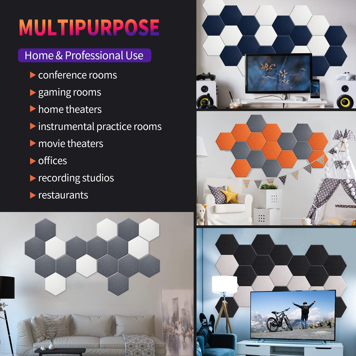 Mollywell Hexagon Acoustic Panels, High Density, Soundproofing, Decorative Noise Reduction Felt Wall Tiles for Ceilings, Home Office & Gaming Room (Moon and Silver Gray), 14×12×0.4 Inch Mollywell