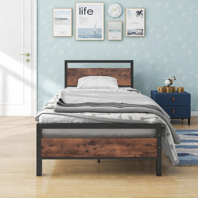 BOFENG Twin Size Bed Frame with Vintage Wood Headboard Farmhouse Bed,Heavy Duty Metal Platform Bed Frames No Box Spring Needed,Firm Mattress Foundation Steel Slat Support Easy Assembly(Brown)