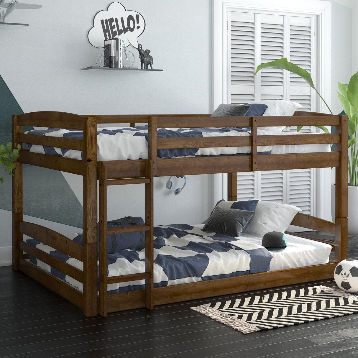 DHP Phoenix Convertible Low Wood Floor Bunk Bed, Stackable and Detachable Bed Frames for Kids, Solid Wood, with Ladder, High Guardrail, Wood Slats, No Boxspring Required, Full-Over-Full, Mocha DHP