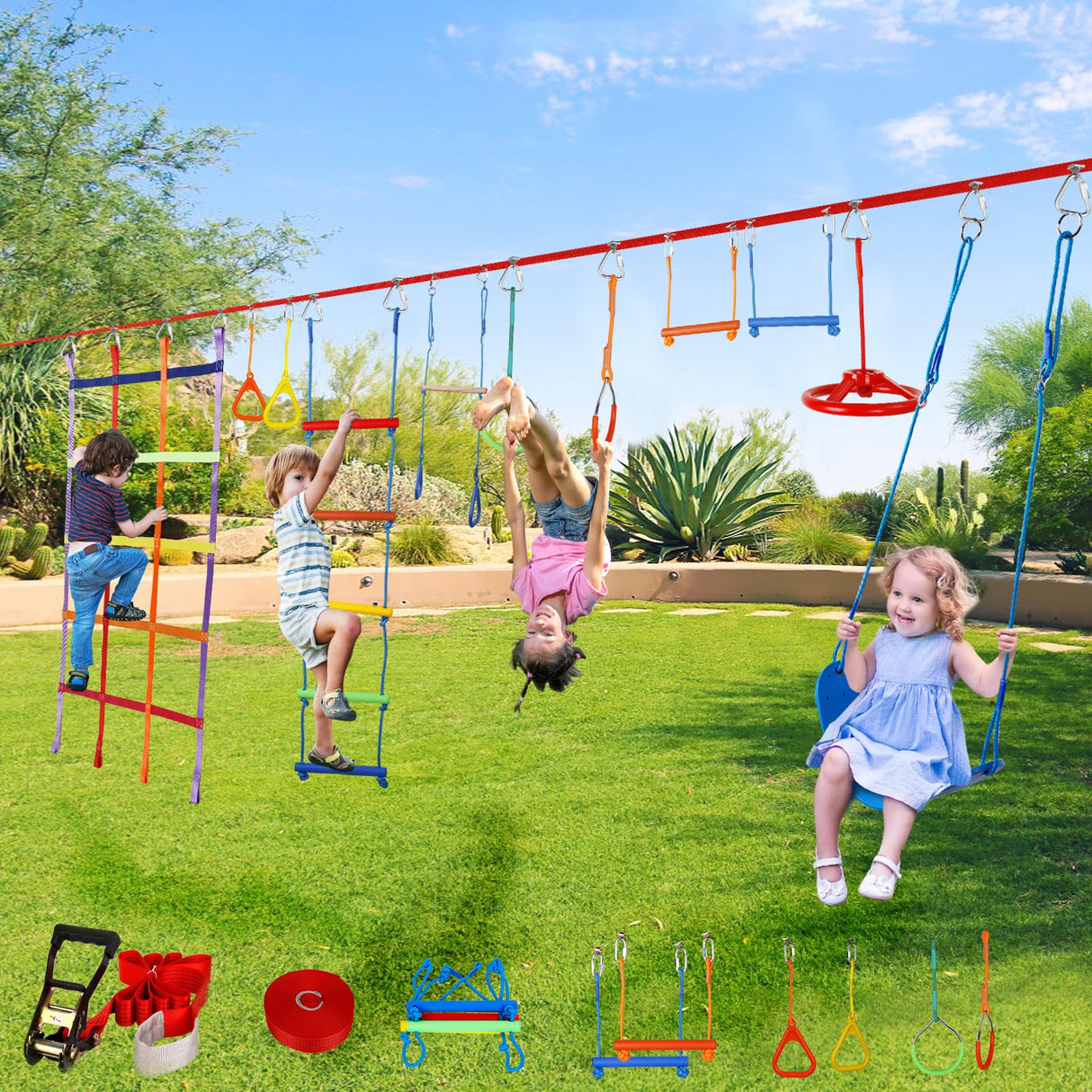 50ft Ninja Warrior Obstacle Course for Kids with Swing, Ninja Course for Kids Outside with 11 Accessories--Trapeze Swing, Climbing Net, Rope Ladder, Outdoor Playset with Monkey Bars ITEFDTUTNE