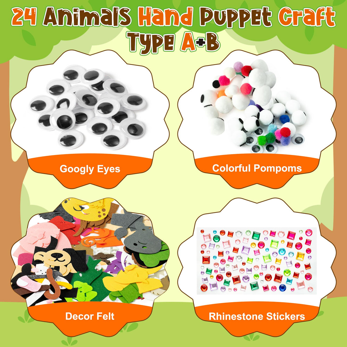 WATINC 24Pcs Hand Puppet Making Kit for Kids Large Medium Art Craft Felt Sock Puppet Creative DIY Make Your Own Puppets Pipe Cleaners Pompoms Storytelling Role Play Party Supplies Gift for Girls Boys WATINC