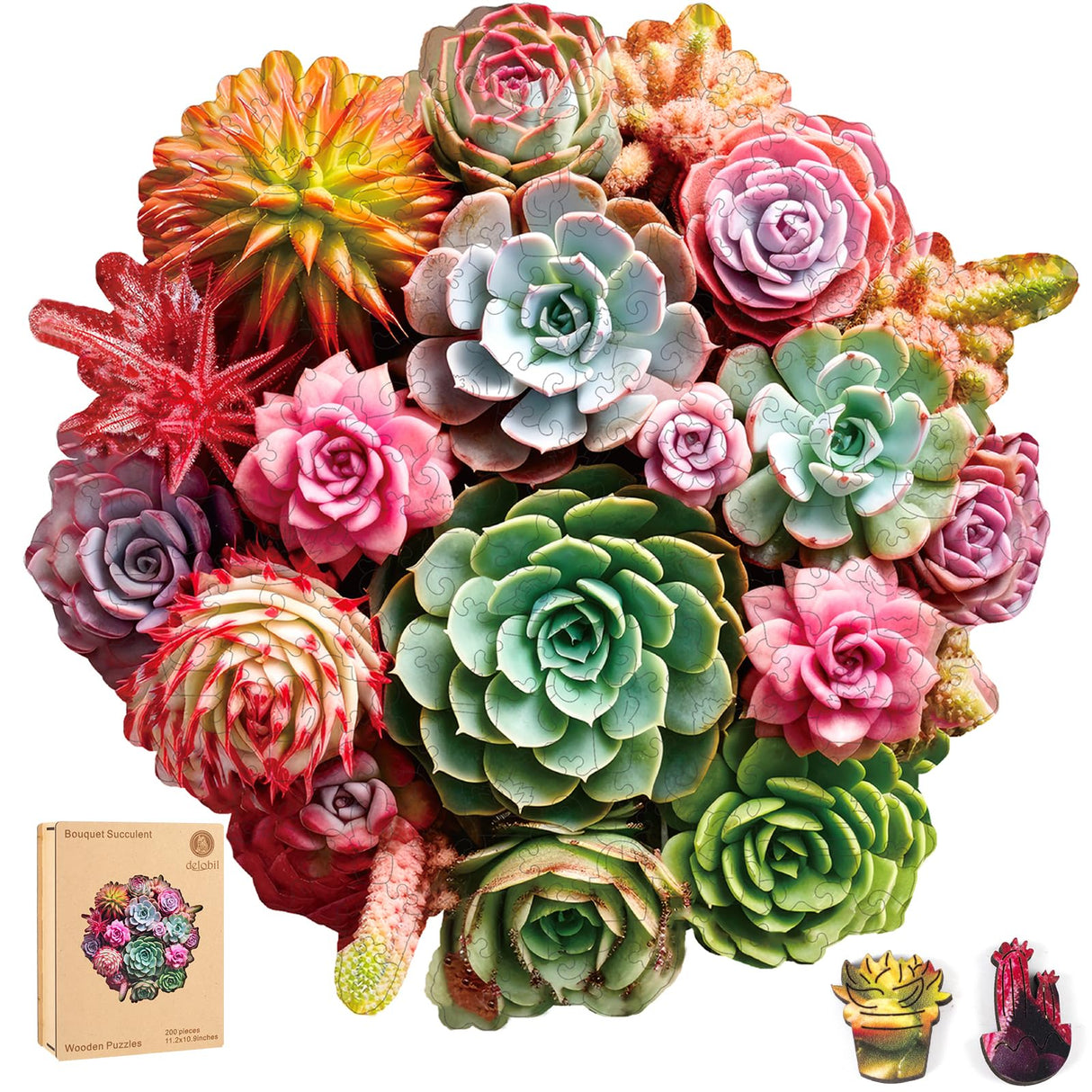 delobil Succulent Bouquet Wooden Puzzles for Adults, 200 Pieces Mandala Round Jigsaw Puzzles, Medium Size Unique Shaped Liberty Wood Puzzle Gift for Kids, Family Game 11.3'' x 10.5'' delobil