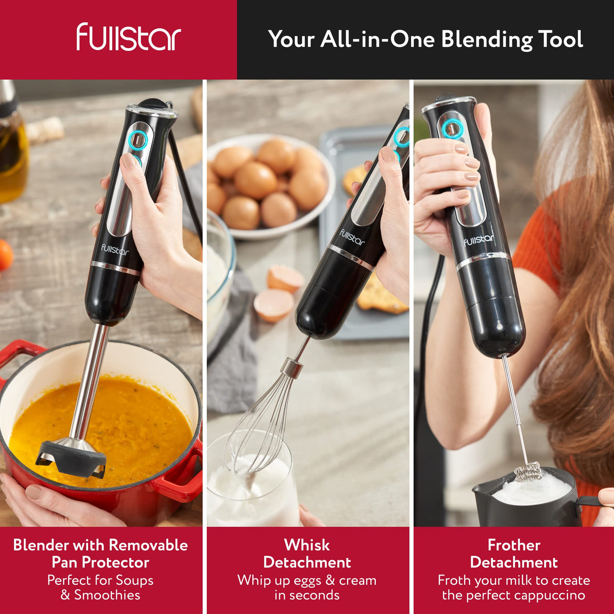 Immersion Blender Set, Hand Blender Electric, Immersion Blender Handheld, 9-Speed, 500W Handheld Blender - Hand Blenders Immersion, Hand Mixer Electric Blenders, Smoothie Blender (3-in-1, Black) fullstar