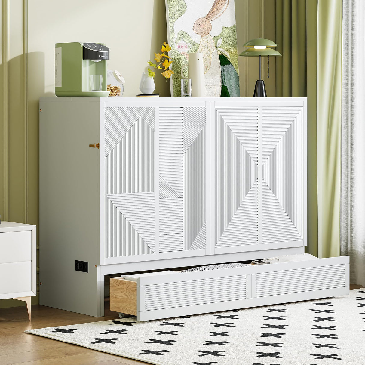 HABITRIO Full Size Murphy Bed, Wood Full Murphy Bed Frame with Large Drawer, USB Ports and Outlets, White HABITRIO