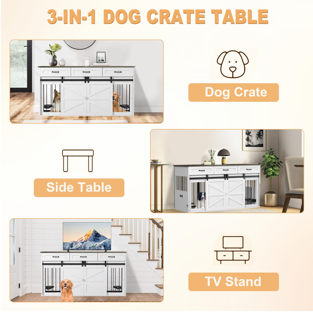 RQZ 65" Double Dog Crate Furniture for 2 Dogs Heavy Duty Wood Dog Cage Table with 3 Storage Drawers and 4 Stainless Steel Bowls Dog Kennel Indoor for Medium Large Dogs RQZ