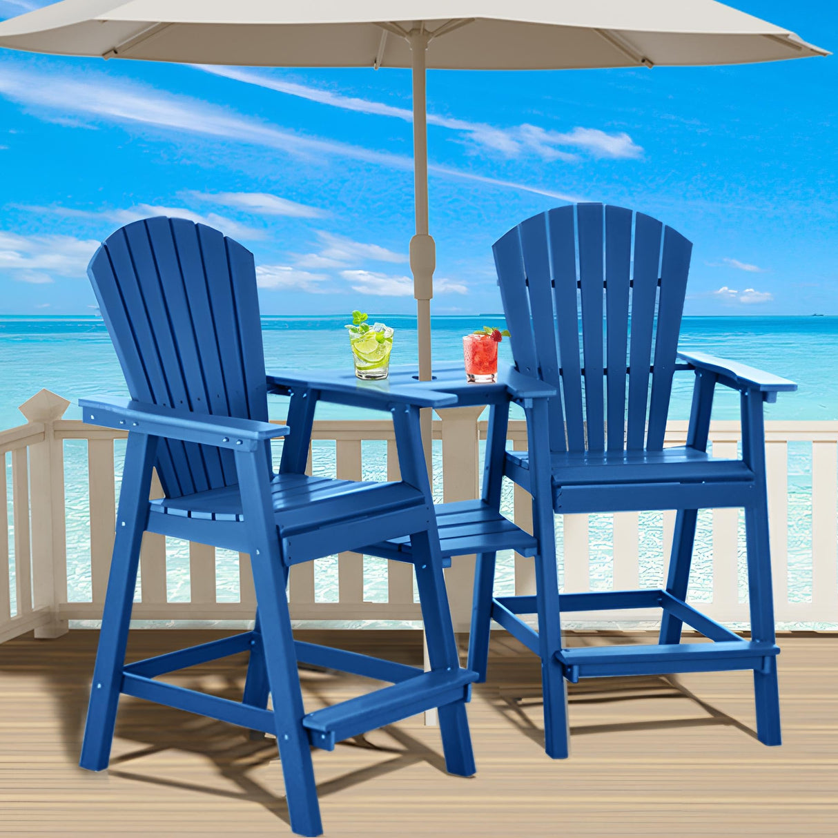 NAVINE Tall Adirondack Chairs Set of 2, HDPE Balcony Chair with Double Connecting Tray, Weather Resistant Outdoor Adirondack Bar Stools for Patio, Deck, Patio, Backyard, Balcony.(Navy Blue) NAVINE