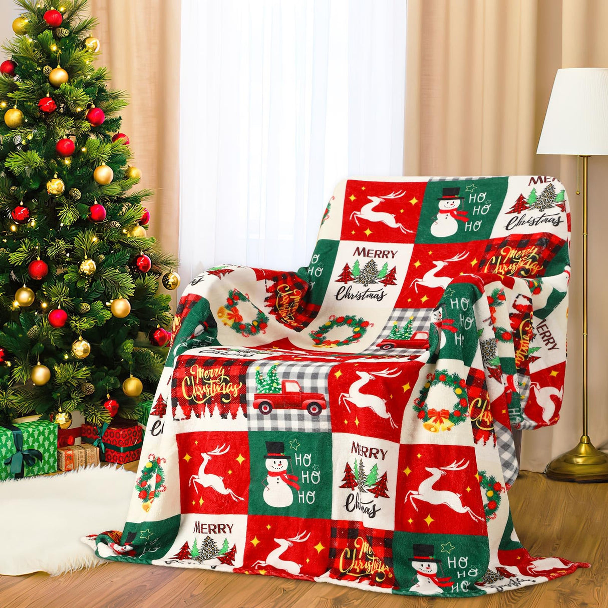 Jansun Christmas Throw Blanket, Snowman Tree Christmas Plaid Throw Blanket for Women Men Soft Couch Living Room Bed Blanket for Girls Boys, Red and Green Checkered Blanket for Christmas Jansun