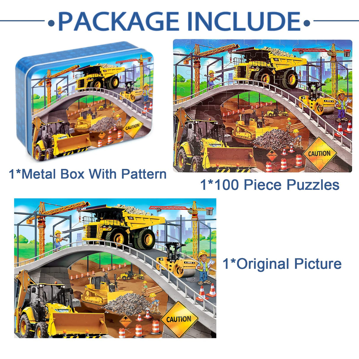 LELEMON Puzzles for Kids Ages 4-8,Construction Site 100 Piece Puzzles for Kids,Educational Kids Puzzles Jigsaw Puzzles in a Metal Box,Children 100 Piece Puzzle Games Puzzle Toys for Girls and Boys LELEMON