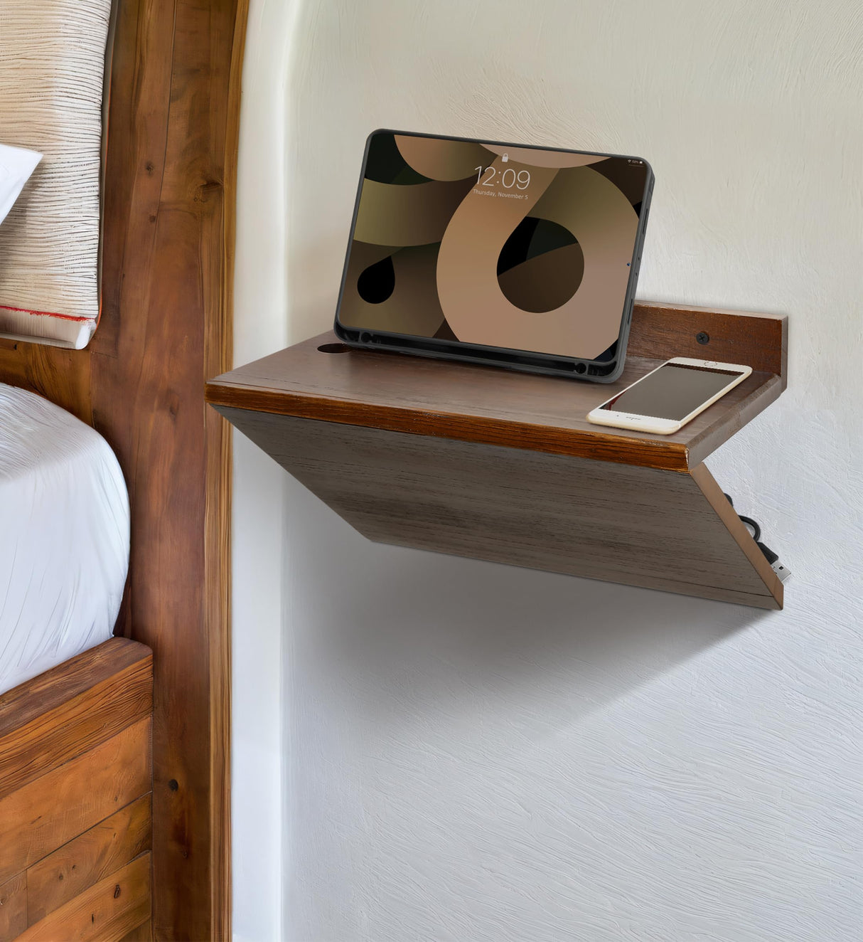 Sivapleso Floating Nightstand, Z-Shape 13 Inch Small Floating Night Stand Walnut Wood Floating Bedside Table Wall Mounted Side Table for Bedroom Sivapleso