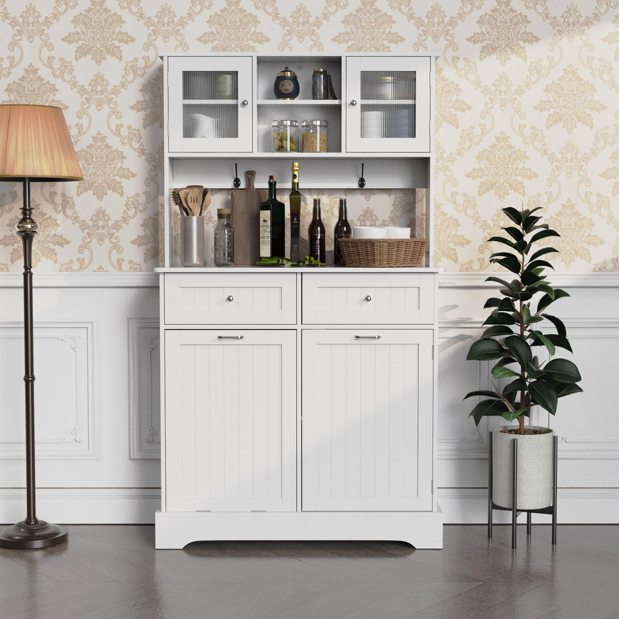 LOUVIXA 68.4" Kitchen Pantry Storage Cabinet, Freestanding Cupboard with 3 Cabinets, 2 Drawers and 1 Tilt Out Trash Cabinet, Tall Storage Cabinet for Kitchen, Dinning Room, Living Room (White) LOUVIXA