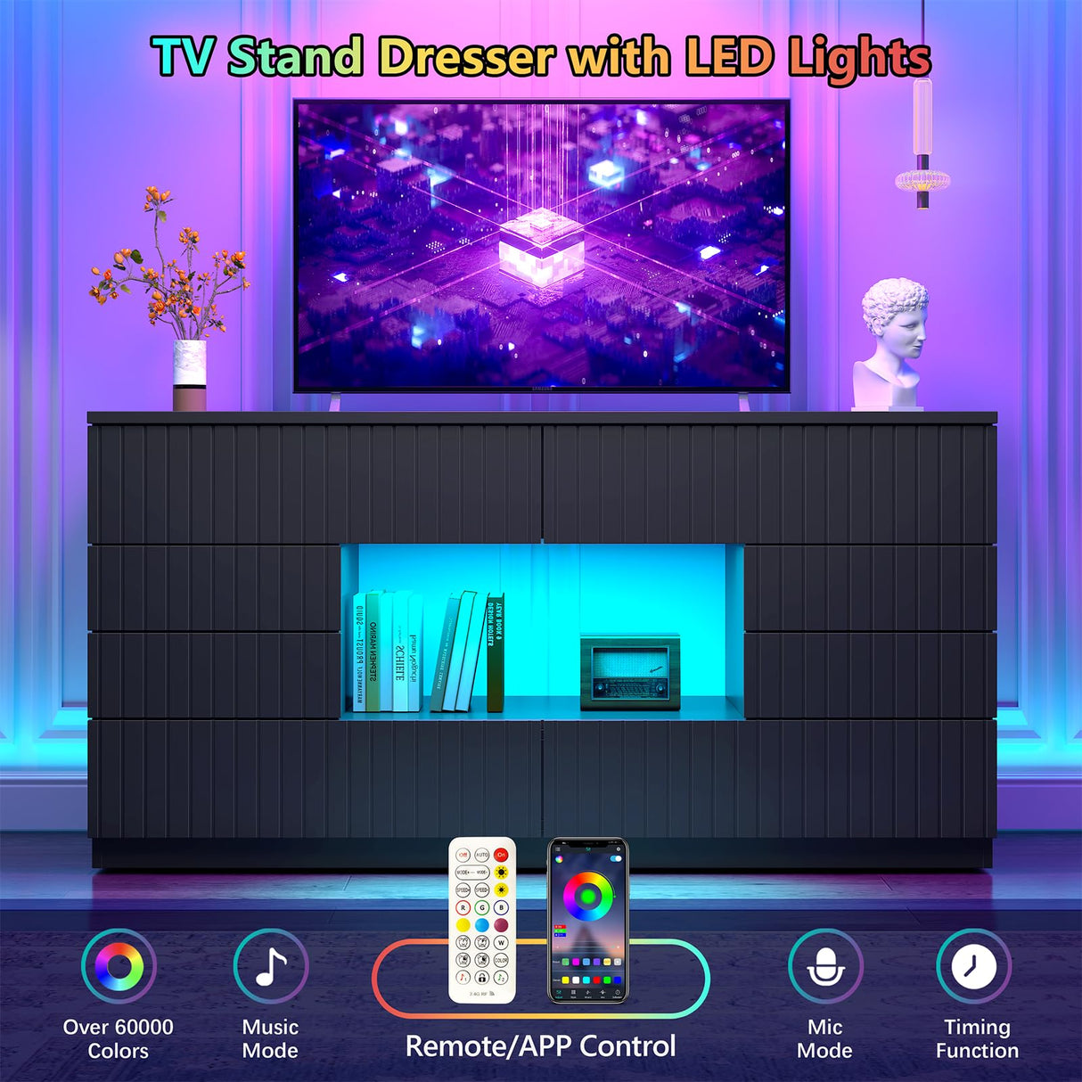 CSZZD 8 Drawer TV Stand for Bedroom, 55" Black Dresser with LED Lights & Open Storage, Modern Long Chest of Drawers for Closet, LED Drawer Organizer Cabinet for Bedroom, Living Room CSZZD