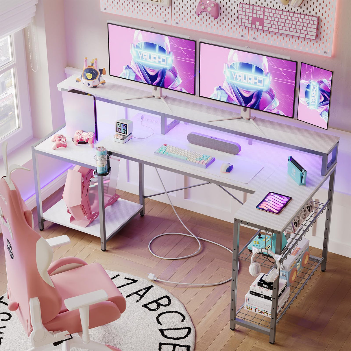 Bestier White Gaming Desk with Power Outlet, 71.5 LED Computer Desk with Monitor Stand, Large L Shaped Desk with Adjustable Shelf, Cup Holder & Headset Hooks, Corner Study Desk for Bedroom Bestier