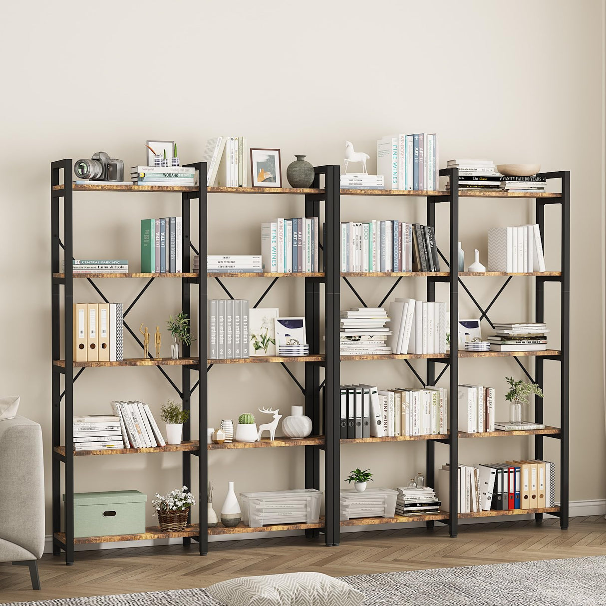 oneinmil Bookshelf 5 Tier, 58.7'' Industrial Book Shelf, Wooden Bookshelves with 10 Open Display Shelves, Vintage Storage Rack, Standing Wide Bookcase for Home and Office, Rustic Brown oneinmil