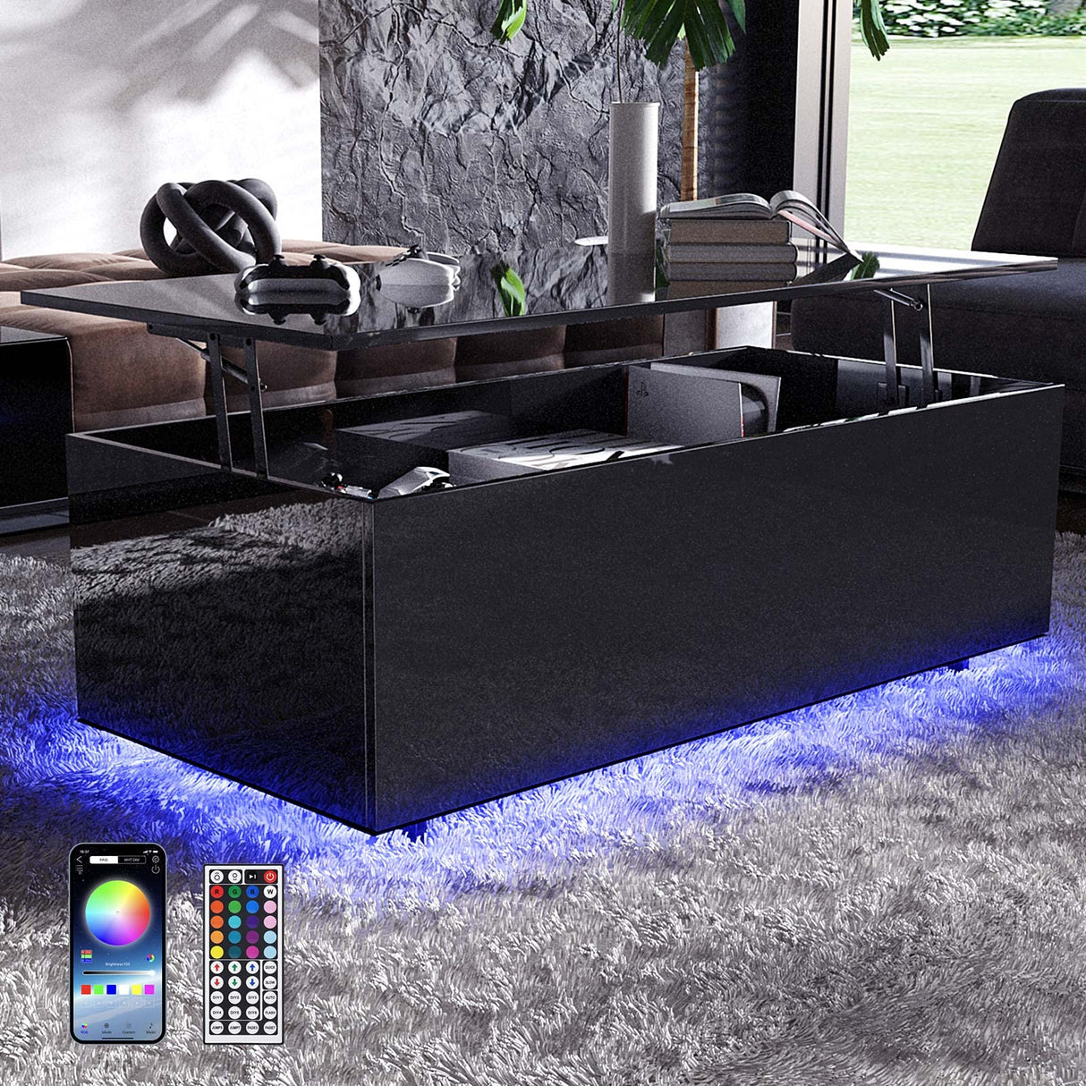High Gloss Lift Top Table with Led Lights, Led Coffee Table with Storage Shelf and Hidden Compartment for Home Living Room Reception Room Office, Black St.Mandyu