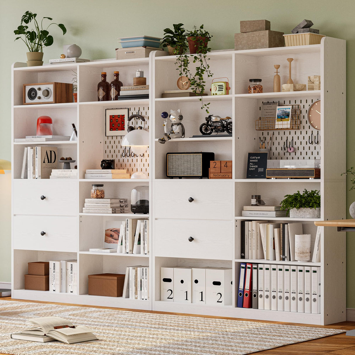 IRONCK Bookshelf and Bookcase with Pegboard and Deep Drawer, 79" H x 55" W 8 Cubby Display Book Shelves, Modern Wide Wood Etagere Shelving Unit for Living Room, White IRONCK