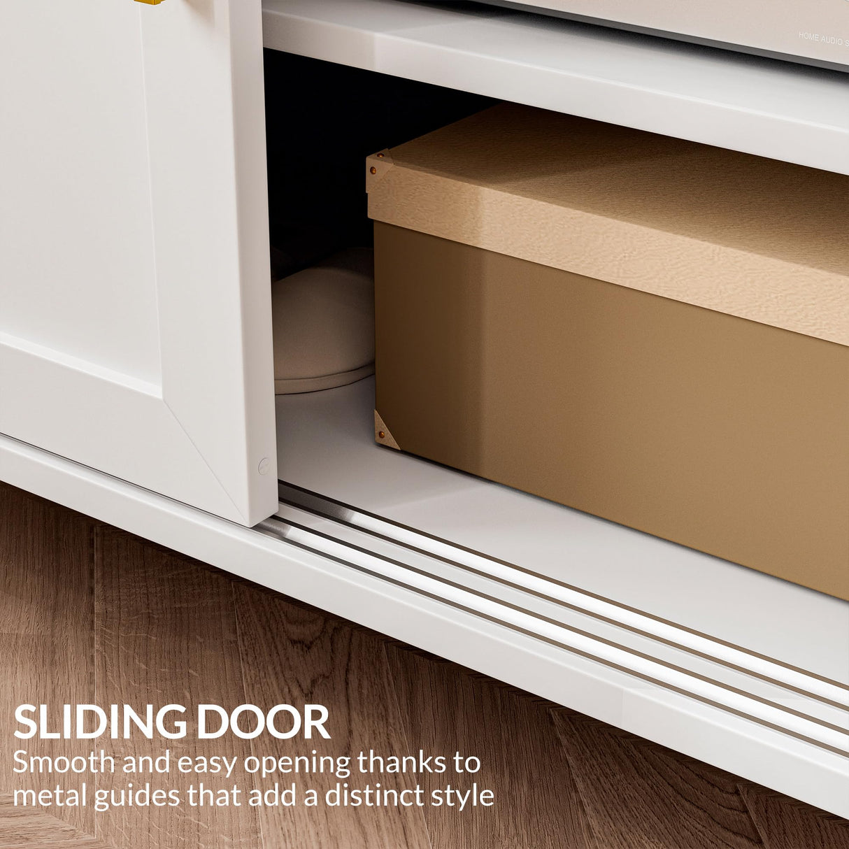 BELLEZE Storage Cabinet with LED Lighting, Sideboard with Sliding Doors and Adjustable Shelves, Entryway Shoe Rack, Accent Cabinet for Living Room and Bathroom - Dana (White) BELLEZE