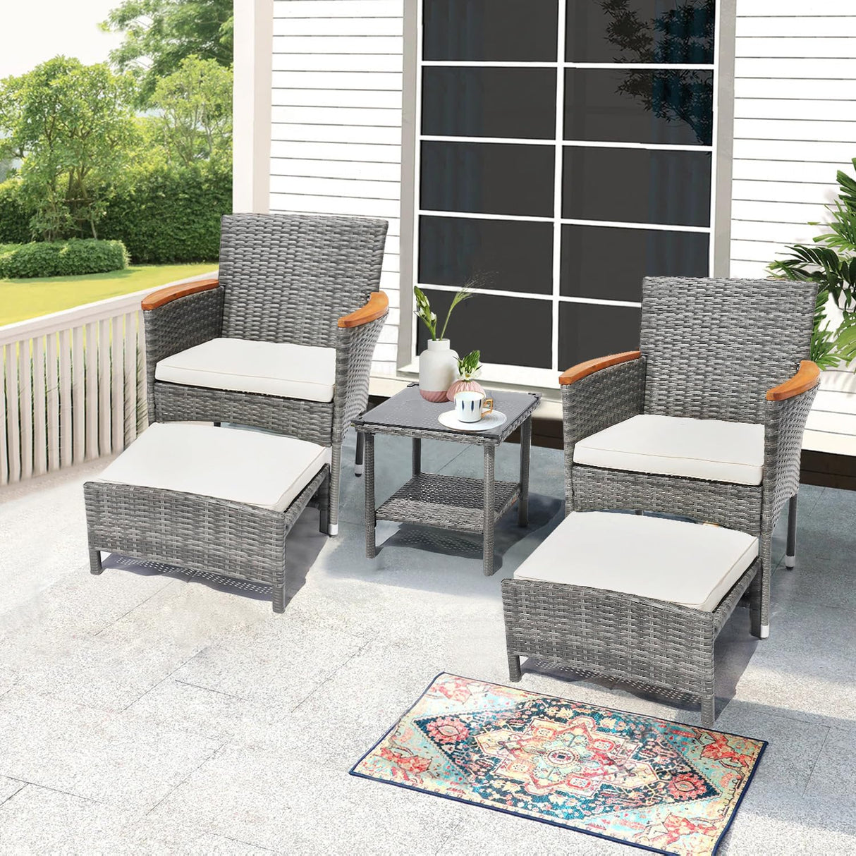 5 Piece Outdoor Patio Furniture Set with Table&Ottoman Outdoor Furniture Patio Set Bistro Wicker Patio Set of 2 Outside Lawn Chairs Conversation Sets for Porch Balcony Deck(Gray Wicker&Beige Cushion) ARTBUSKE