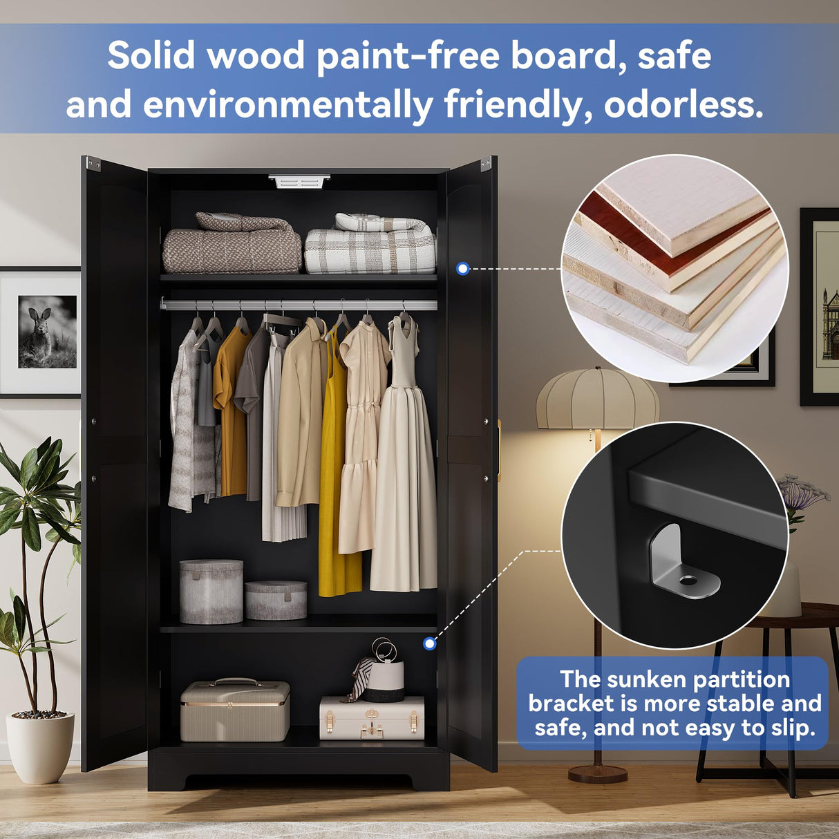 Wooden Armoire Wardrobe Closet, Wardrobe Cabinet with Door and Shelves, Freestanding Bedroom Armoires Clothing Storage Cabinet with Hanging Rod for Bedroom, Laundry Room, Cloak Room(Black) Honsiva