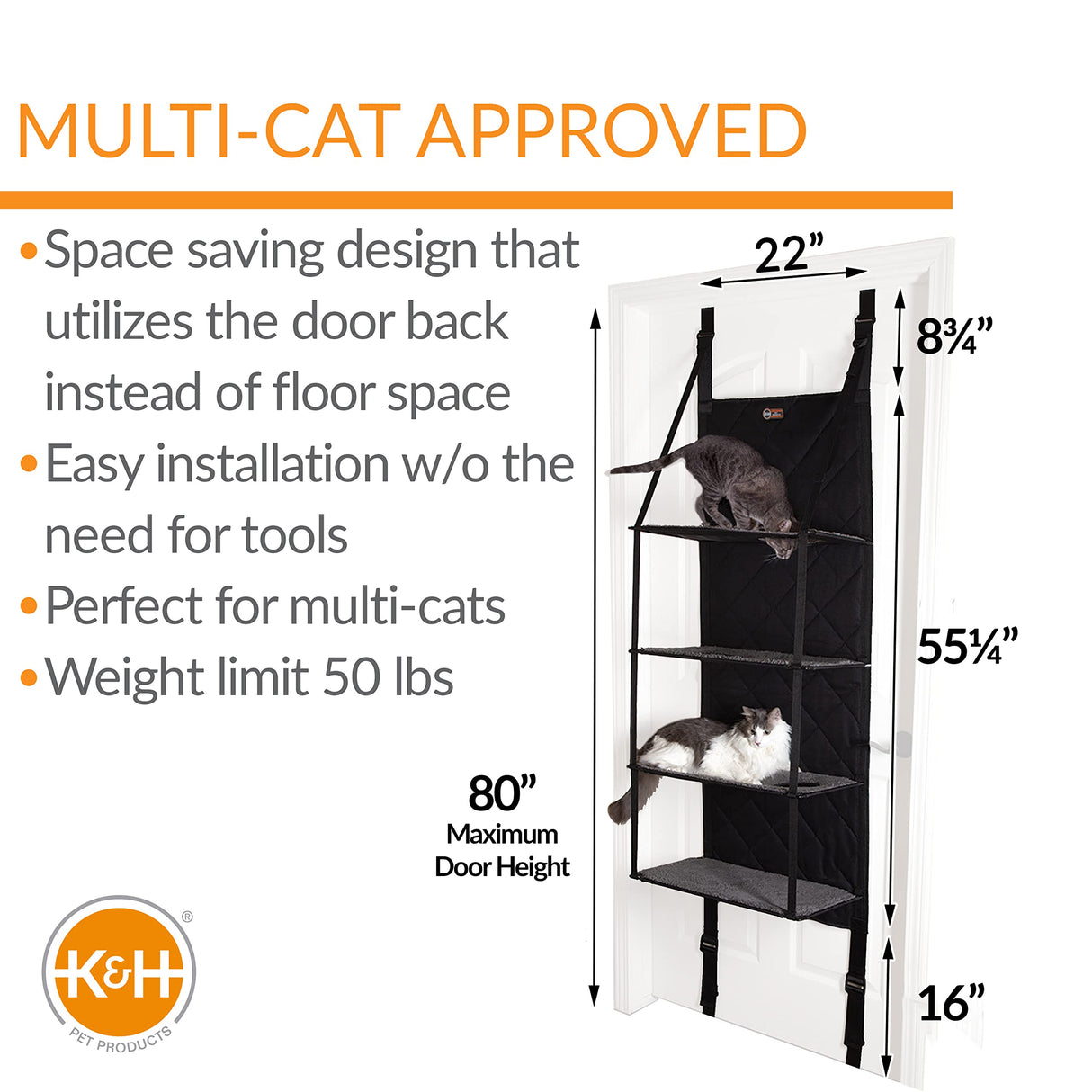 K&H Pet Products Hangin Cat Tree Door Mounted Cat Furniture, Space Saving Multi-Level Wall Perch Hammock Bed, Interconnecting Levels, Collapsible, Tool-Free Assembly - Gray - Fits Doors <80in H K&H Pet Products