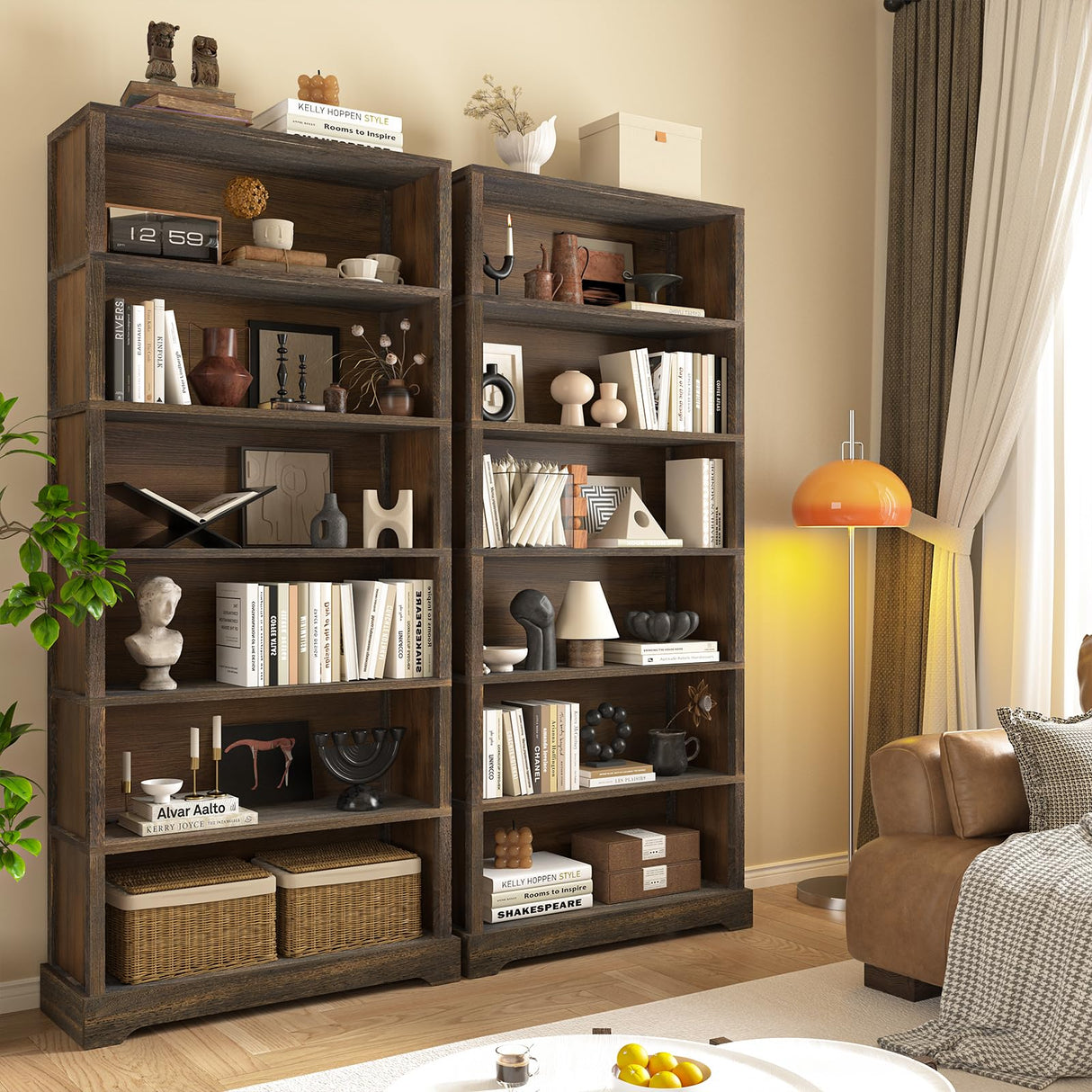 TVU 6-Tier Wooden Book Shelf, Floor-Standing Display Bookcase, 77.2" H x 31.5" W x 11" D Bookshelf, Farmhouse Style Book Case with Arched Base, Suitable for Living Room, Study, Office, Rustic Brown TVU