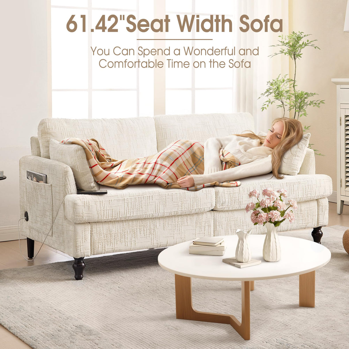 HOMEFUN Small Loveseat Couch for Living Room, 68" Modern Style Chenille 2-Seater Sofa with USB Charger、LED Lights and Storage Pocket HOMEFUN