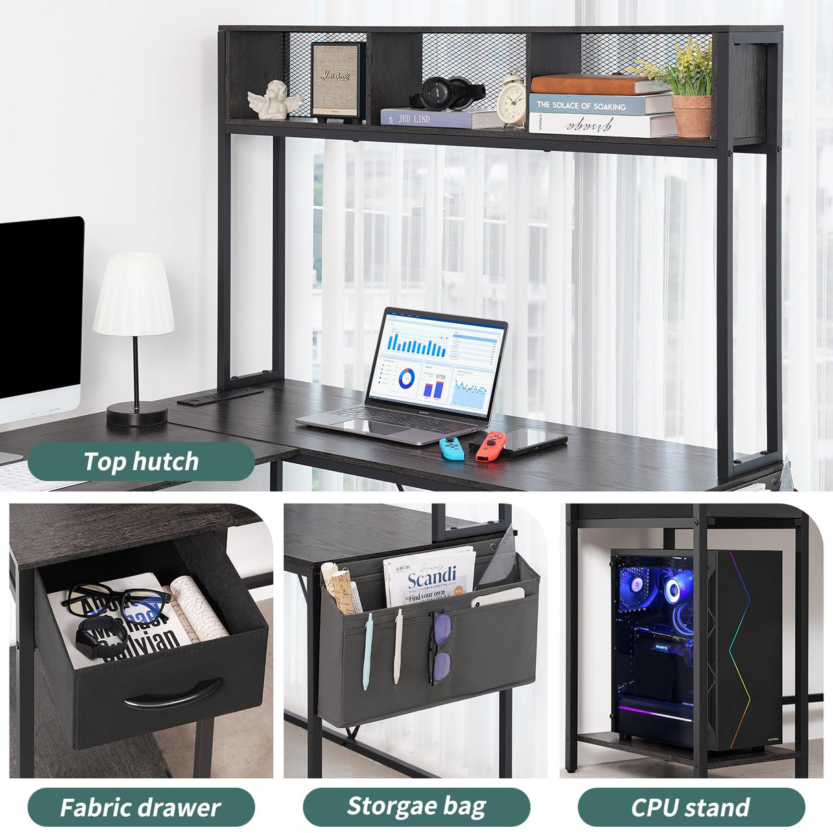 Yoobure L Shaped Desk Gaming Desk with LED Strip & Power Outlet, Reversible L-Shaped Computer Desk with Storage Shelf & Drawer, Corner Desk with Storage Bag, 2 Person Home Office Desk, Gray Yoobure