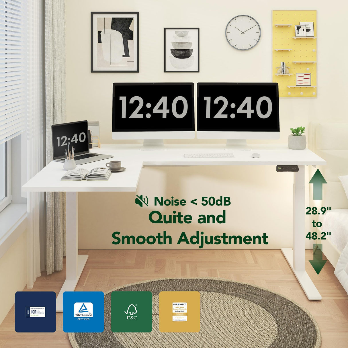 SANODESK 71-Inch Large Dual Motor L-Shaped Electric Height Adjustable Standing Desk - Reversible Panel - White Top/White Frame - Ideal for Gaming, Home Office or Computer Workstation SANODESK