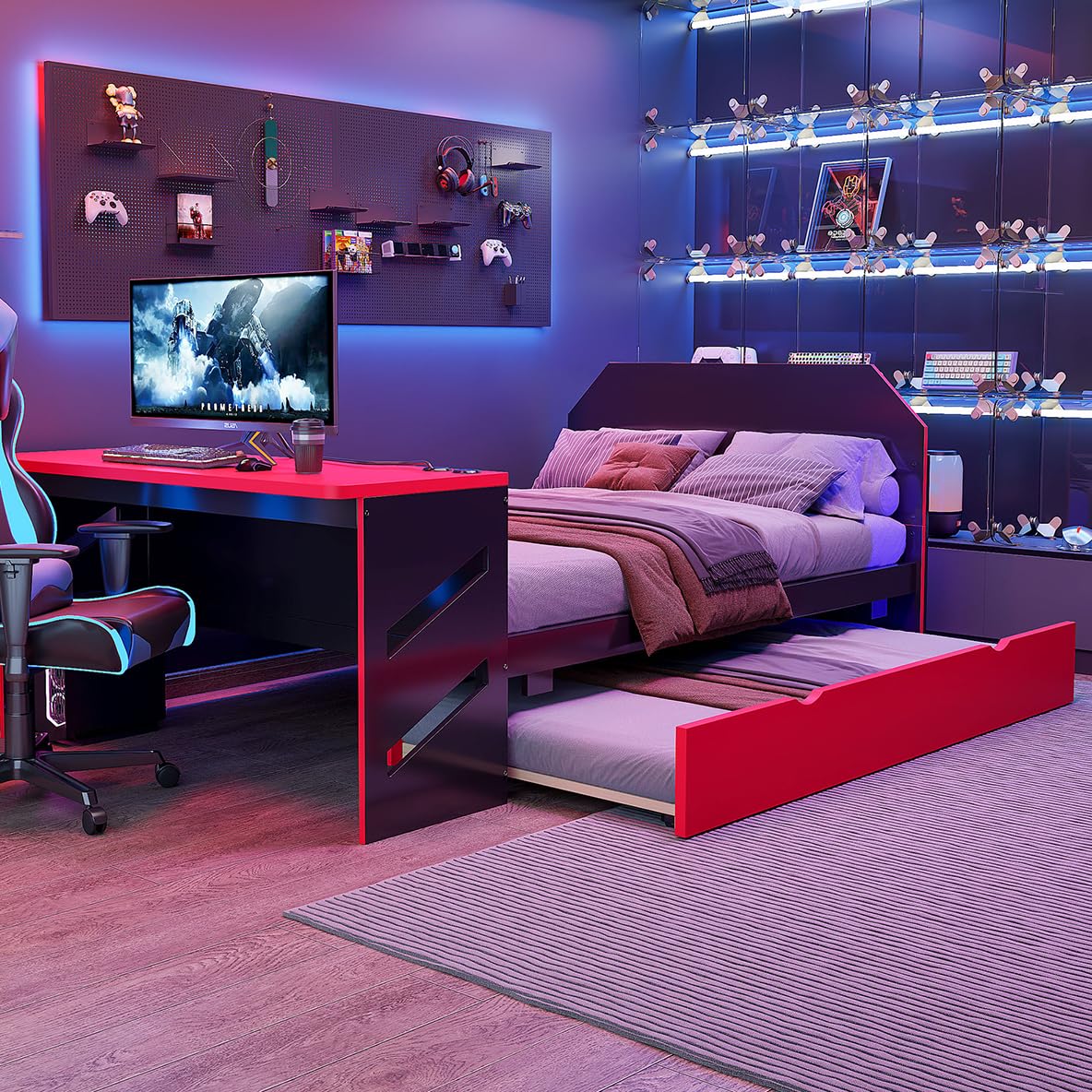 Hennhari Full Size Bed with Twin Trundle and Charging Station, Gaming Flair Wood Bed Frame with Desk and USB Charging for Bedroom or Study Rooms, No Box Spring Needed (Red) Hennhari