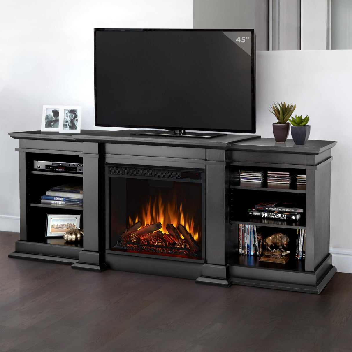 Real Flame Fresno 72" TV Stand with Electric Fireplace in Black, Entertainment Center with Electric Fireplace, Living Room TV Stand with Fireplace, fits up to 70" TV Real Flame