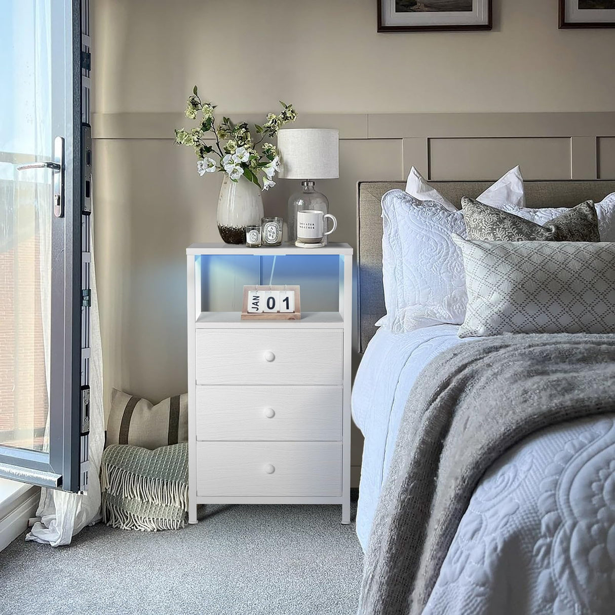 BOLUO White Night Stand with 3 Fabric Drawers, Nightstand with Charging Station LED Nightstand for Bedroom, Bedside Table with USB Ports and Outlets Modern BOLUO