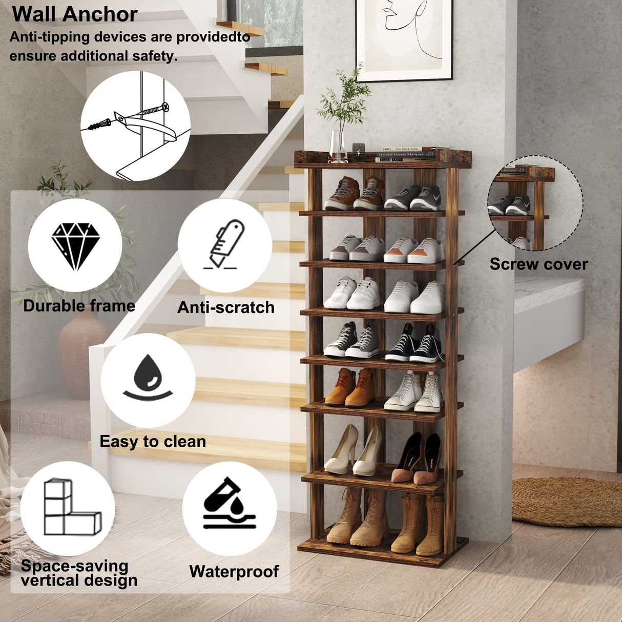 HOMEFORT 7-Tier Wood Shoe Rack, Double Rows Shoe Shelf, Shoe Storage Stand, Entryway Shoe Tower, Vertical Shoe Organizer for Narrow Closet, Entryway, Hallway, Rustic Brown HOMEFORT