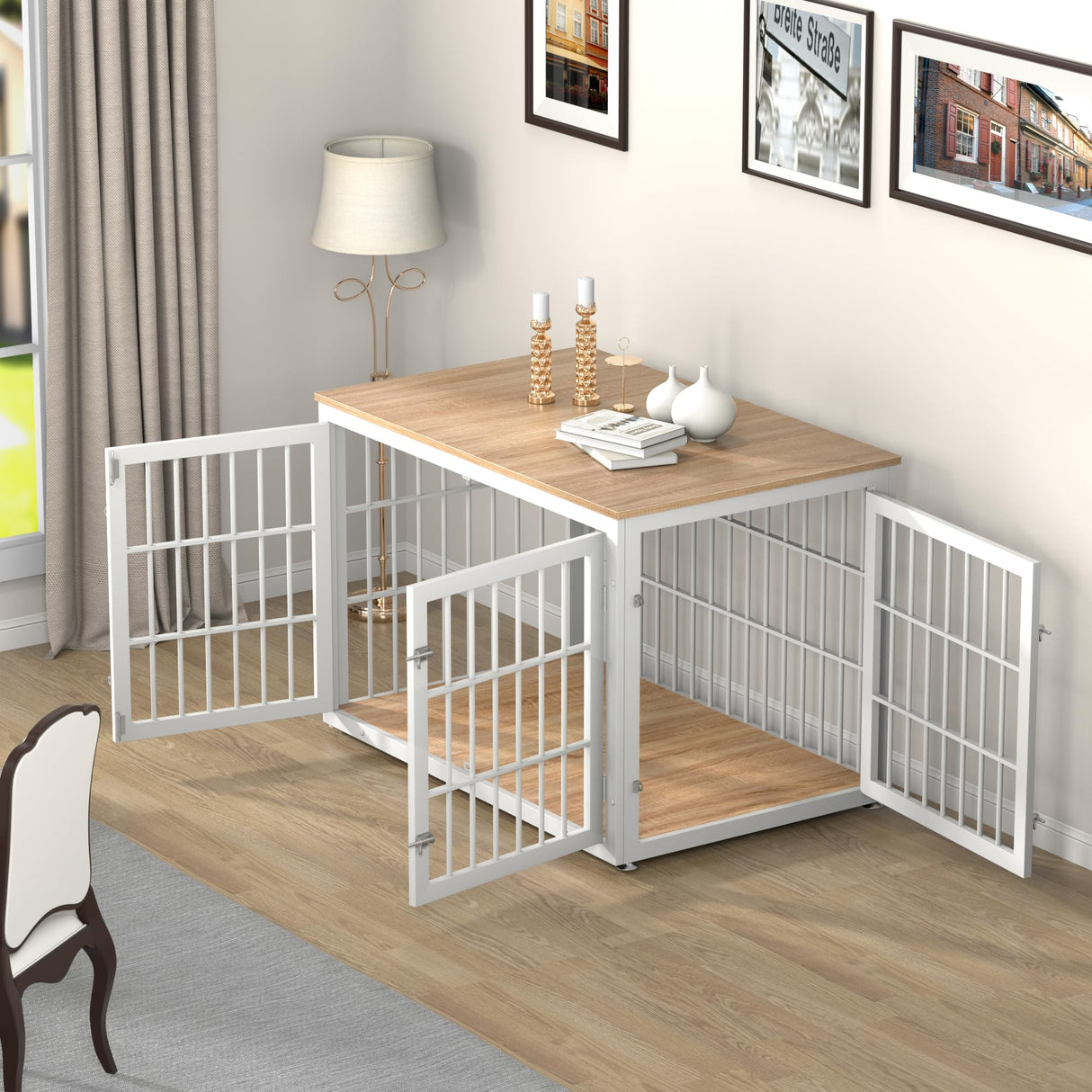 rehomerance Rustic Heavy Duty Dog Crate Furniture for Extra Large Dogs, Decorative Pet House End Table, Wooden Cage Kennel Furniture Indoor, XL, White and Natural rehomerance