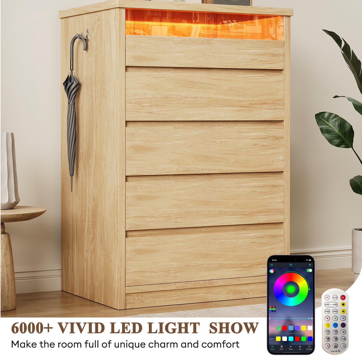 Jocoevol Larger Oak 5 Drawer Dresser for Bedroom with LED Light, Modern Chest of Drawers with Hidden Handles, Tall Wooden Dresser Closet for Living Room, Entryway, Hallway - Oak Jocoevol