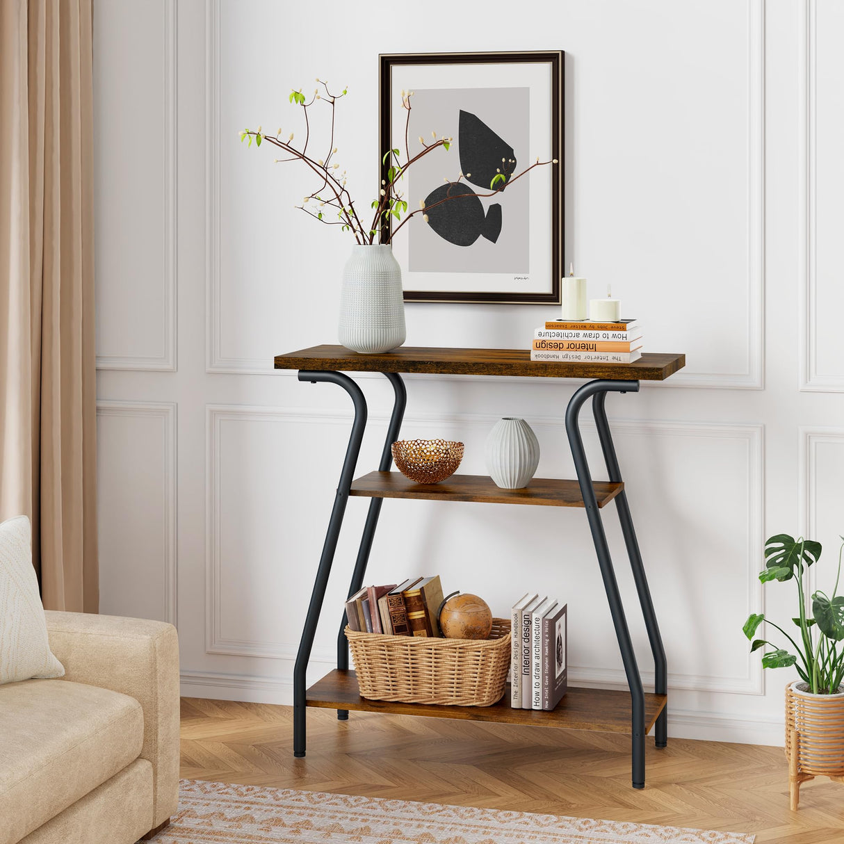 FAVOOSTY Narrow Console Table, 3 Tier Entryway Table with Storage Shelves, Industrial Farmhouse Sofa Table with Curved Frame for Living Room, Entry Way, Hallway, Foyer, Front Door, Couch, Office FAVOOSTY