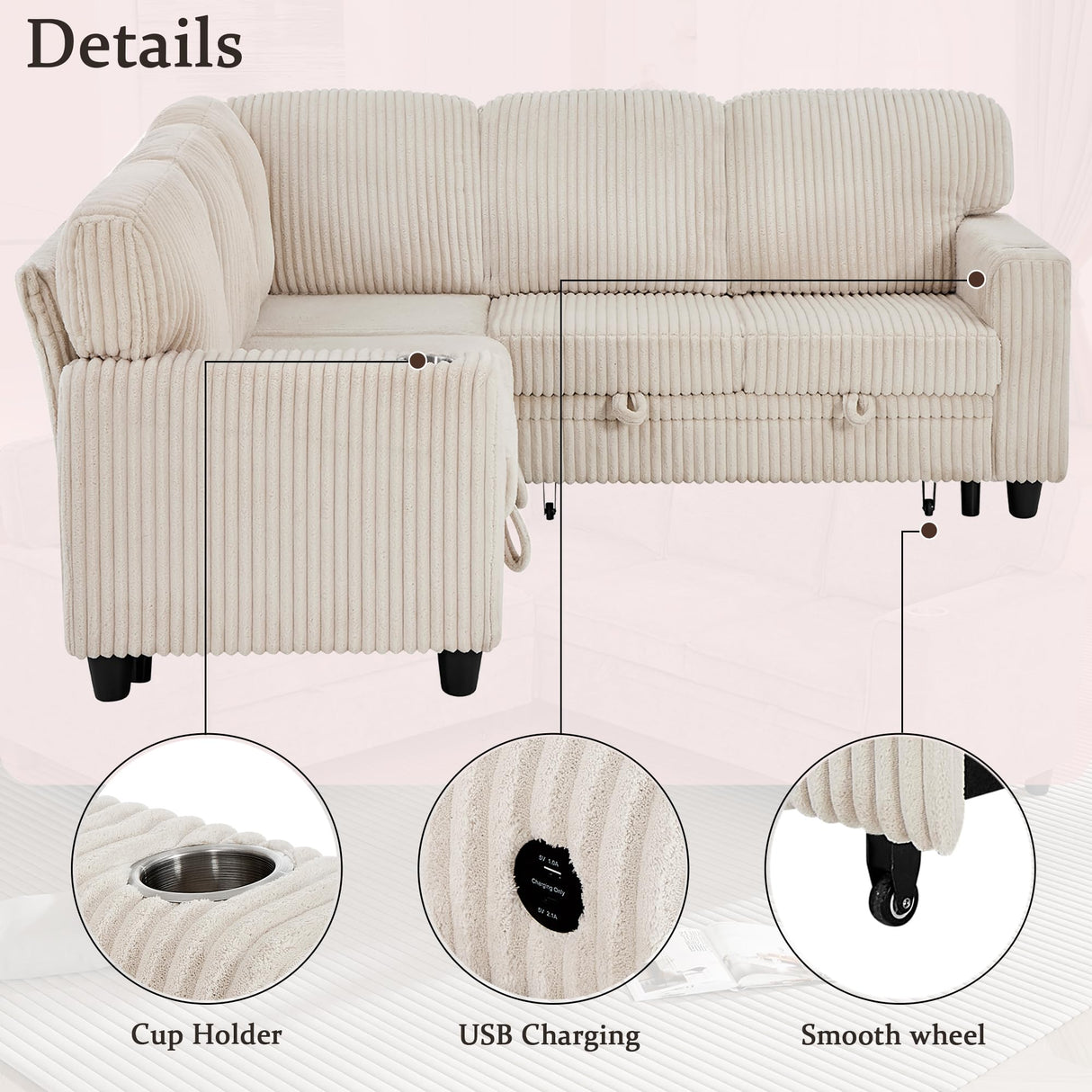 KEIKI 81" L-Shaped Oversized Corduroy Modular Sectional Sleeper Sofa with Pull-Out Bed, Storage Seat, Modern 5-Seater Upholstered Couch Bed with Charging Station, Easy Assembly, for Living Room, Beige KEIKI