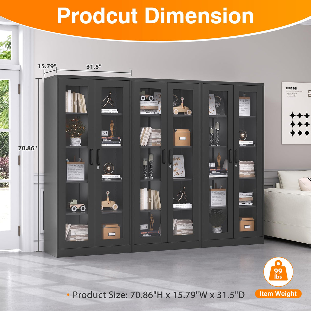 LISSIMO Glass Display Cabinet with 4 Adjustable Shelves, 71" Tall Curio Cabine with Tempered Glass Door, Liquor Cabinet with Lock, 5-Tier Bookcase Storage Cabinet for Home, Study, Living Room (Black) LISSIMO