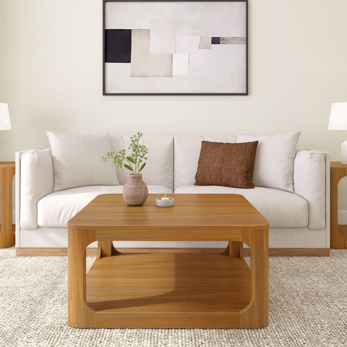 Plank+Beam Forma Coffee Table, Solid Wood 36 Inch Modern Coffee Table with Shelf, Contemporary Center Table with Storage Space, Square Tea Table with Storage, Pecan Plank+Beam
