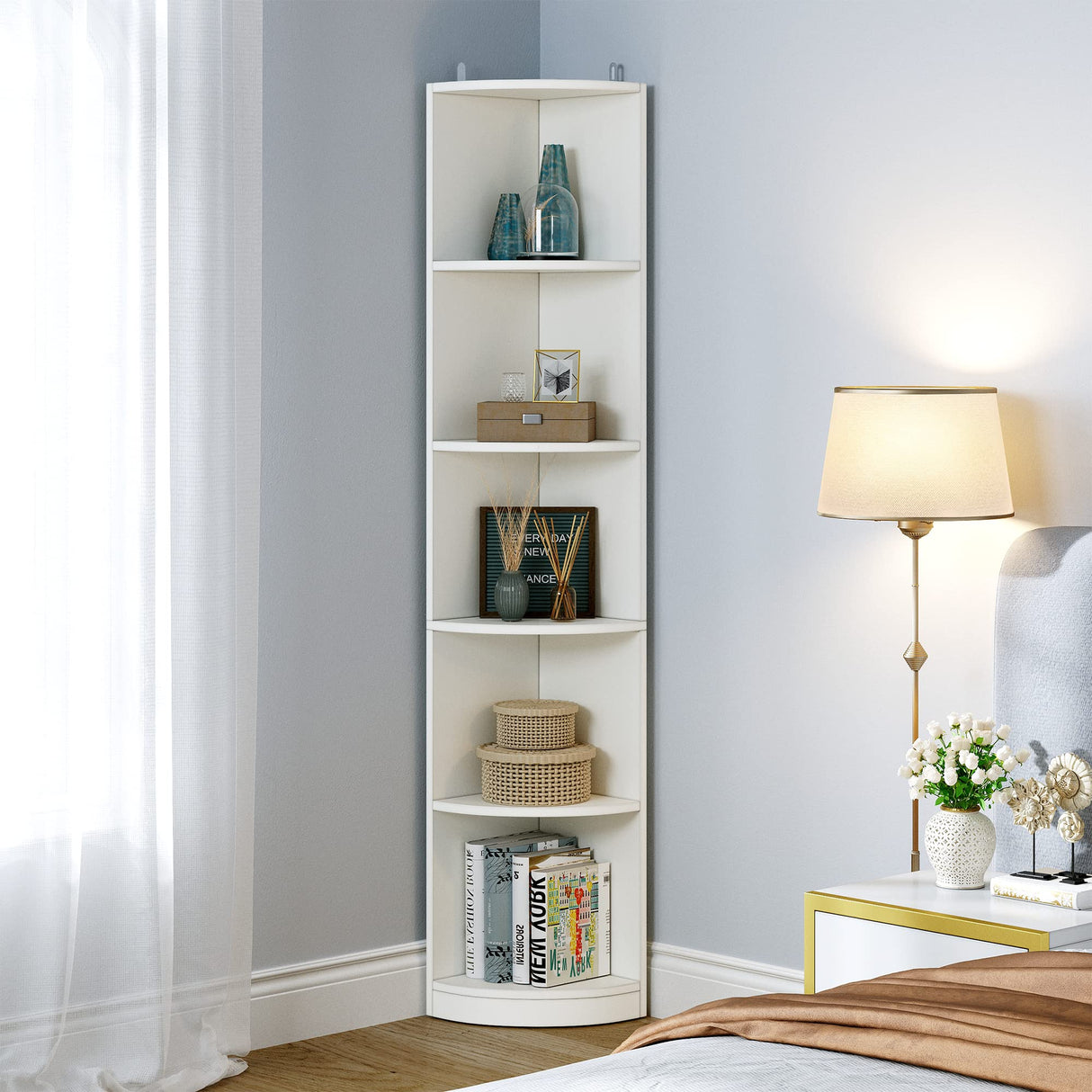 YITAHOME 5-Tier White Corner Bookshelf – Modern Free Standing Display Rack for Living Room and Home Office YITAHOME