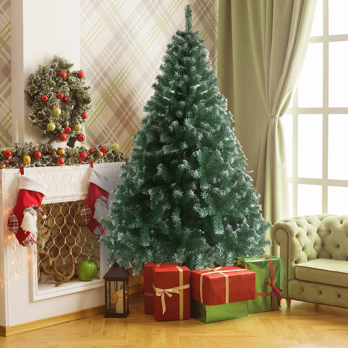 Karl home 6ft Green Partial Flocked Artificial Christmas Tree, Classic Spruce Tree with Sturdy Metal Stand for Home, Office, Party Festival Holiday Decoration,812 PVC Branch Karl home