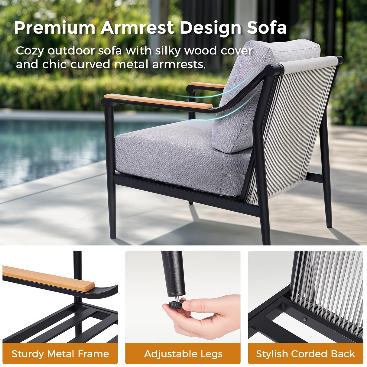 Jocoevol 4 Pieces Outdoor Sofa Conversation Set, 4 Seats Couch Set with Table, Metal Frame Rope Weaving Design UV Resistance Waterproof for Patio Garden Balcony, Grey Jocoevol