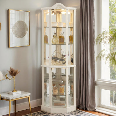 Eyisean Lighted Corner Curio Cabinet with Tempered Glass Doors and Shelves, 72" H Glass Display Cabinet with Curved Top Carving, Light Bulb Included, Rack for Liquor Storage and Living Room (White)