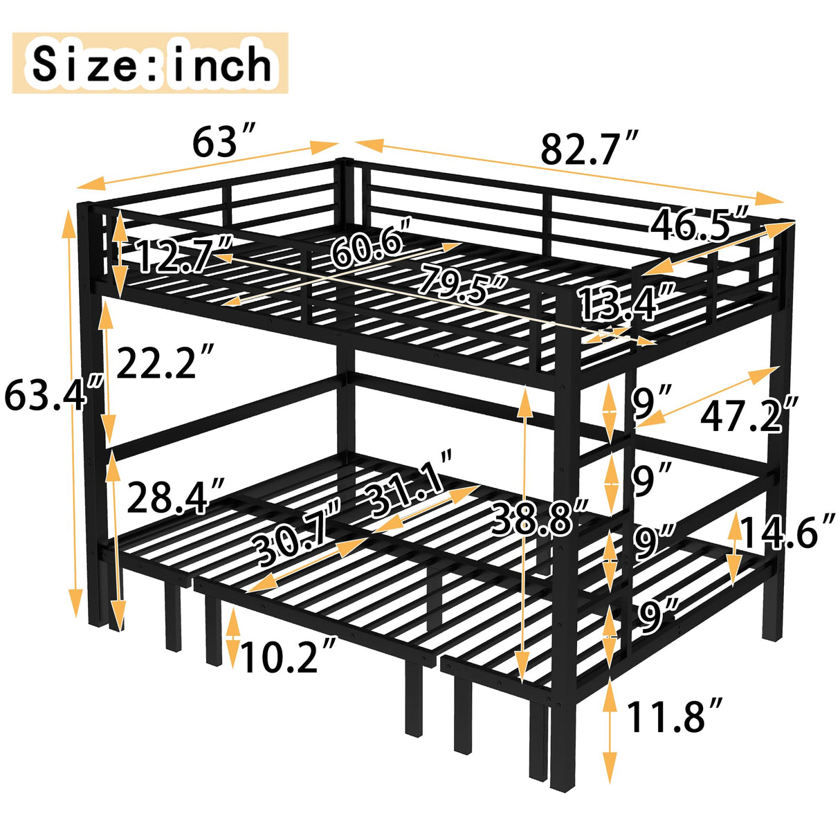 Queen Over Queen Bunk Bed for Adults, Heavy Duty Bunk Bed can Turns into Loft Bed with U-Shaped Sofa, Adults Bunk Bed with SafetyRails and Side Ladder, Black(Not Include Cushion) Bellemave