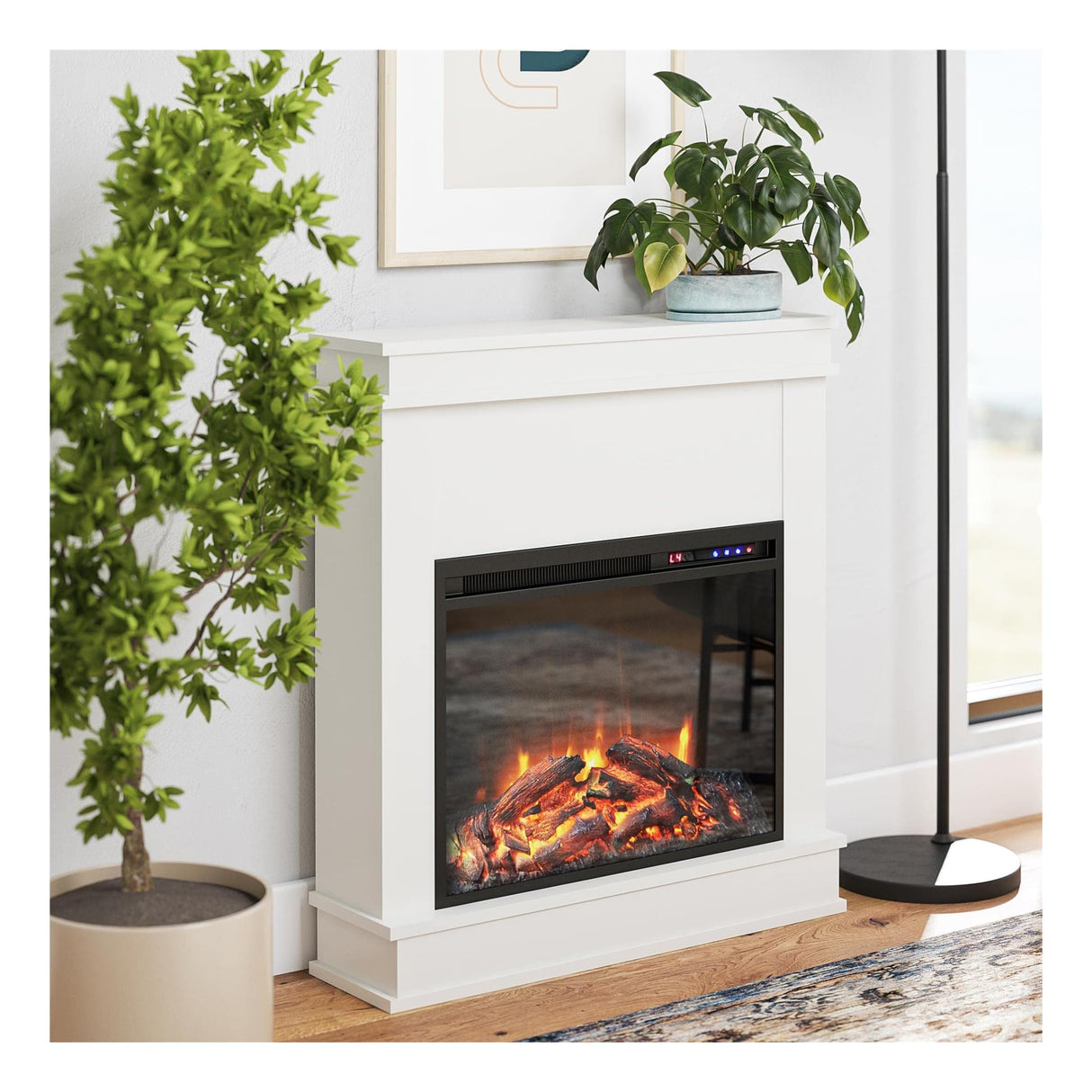 Ameriwood Home Mateo 30 Inch Electric Fireplace with Mantel, Replaceable Fireplace Insert Heater, Freestanding, Remote Control, Timer, Realistic Log and Flame Effect, White Ameriwood Home
