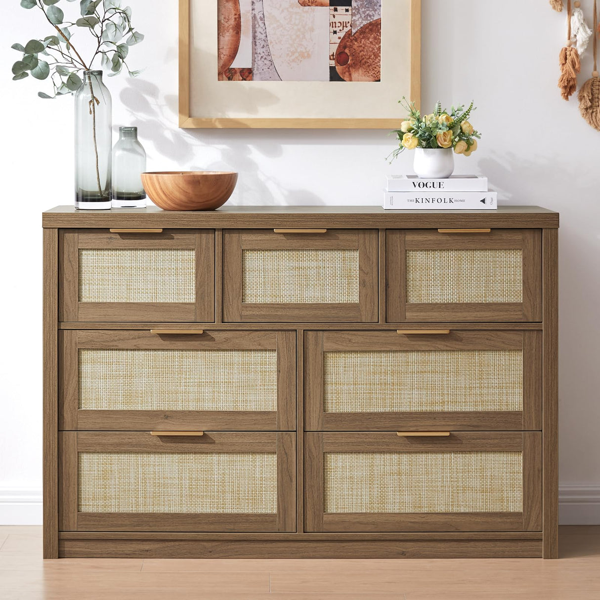 OAKHAM HOME 7 Drawers Dresser, Rattan Dresser TV Stand for Bedroom Closet, Wood Chests of Drawers with Metal Handle and Wide Drawers, 52.76" W x 17.71" D x 31.69" H OAKHAM HOME