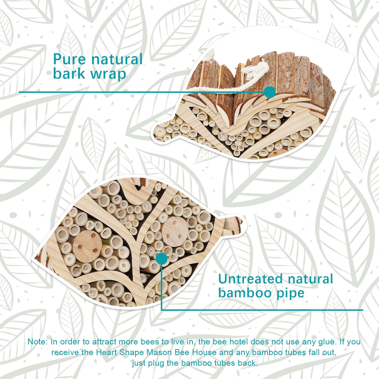 Execabe Mason Bee House, Heart-Shaped Wooden Bee House with Bamboo Tubes, Nesting Aid for Wild Bees, Natural Hanging Habitat for Pollinators, Increases Productivity in Your Garden Execabe