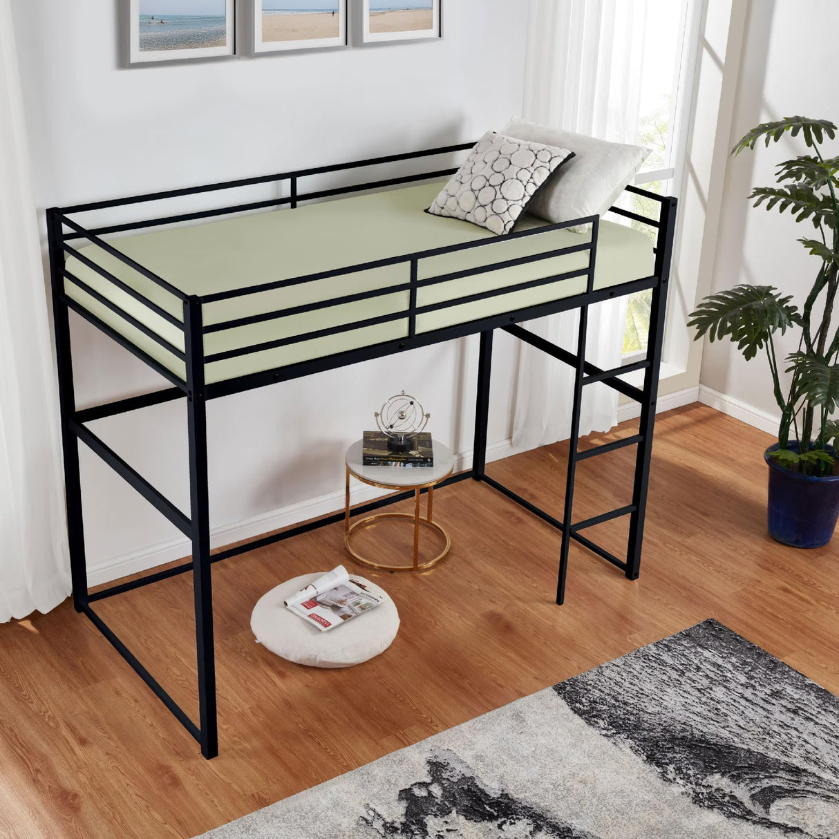 Suwopmvy Heavy Duty Metal Loft Bed Frame Full Size with Safety Guard Rails & Built-in Ladder - Sturdy Space Saving Loft Bed for Kids, Teens, Adults, College Dorm, Studio Apartment (Black, Full) Suwopmvy