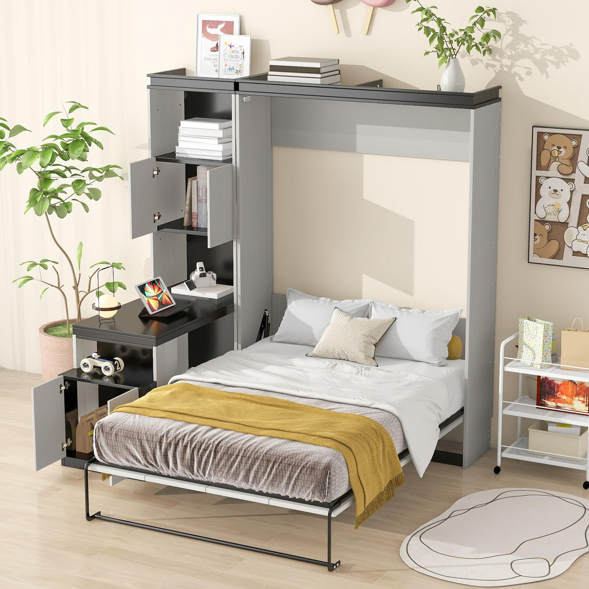 FAVSH Full Size Murphy Bed Built-in Desk,Solid Wood Wall Bed with Storage Shelves and Cabinets,Space-Saving Hidden Bed, Fold-The-Way Bed,Black+White FAVSH